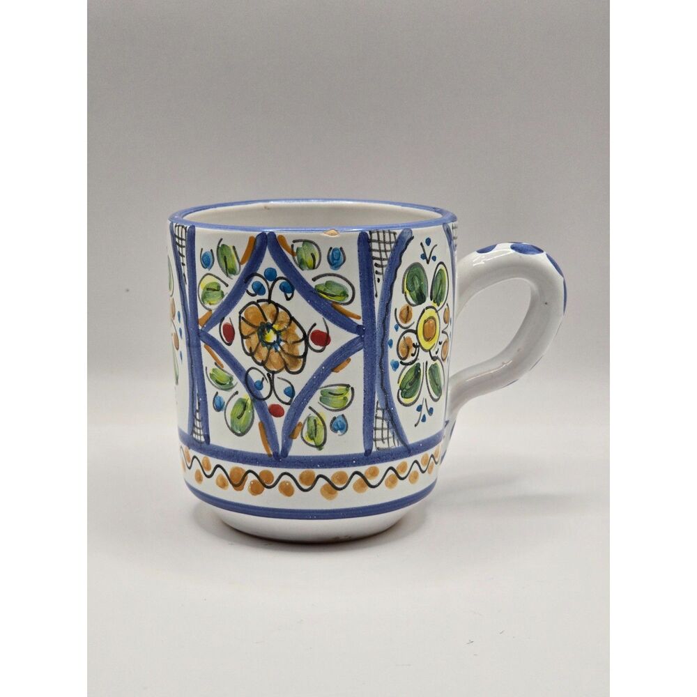 Cruz Pottery Mug Toledo Spain w/ Handle Hand Made & Painted Floral EUC